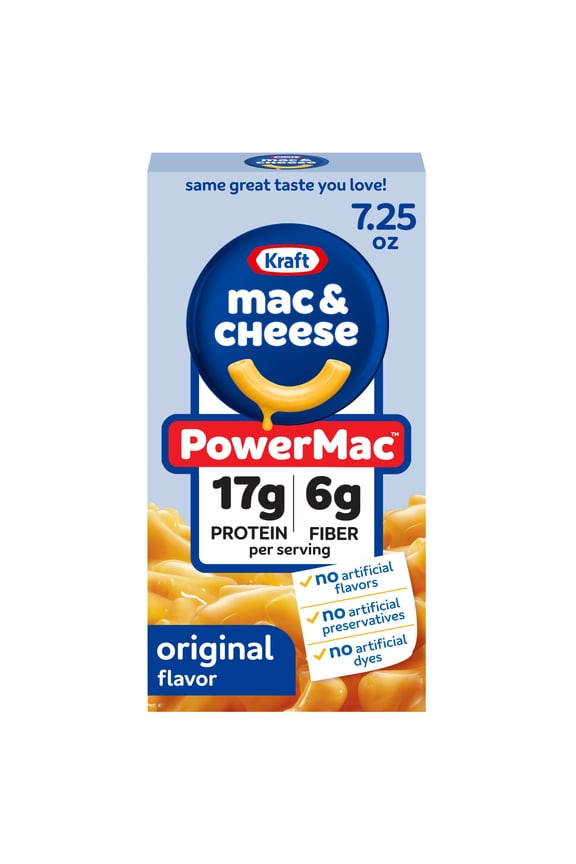 PowerMac Mac and Cheese, 1 Box, for Protein Easy Dinners or Dinner Sides, Original Flavor, 17g Protein and 6g of Fiber per Serving, No Artificial Flavors, Preservatives or Dyes, 7.25 oz