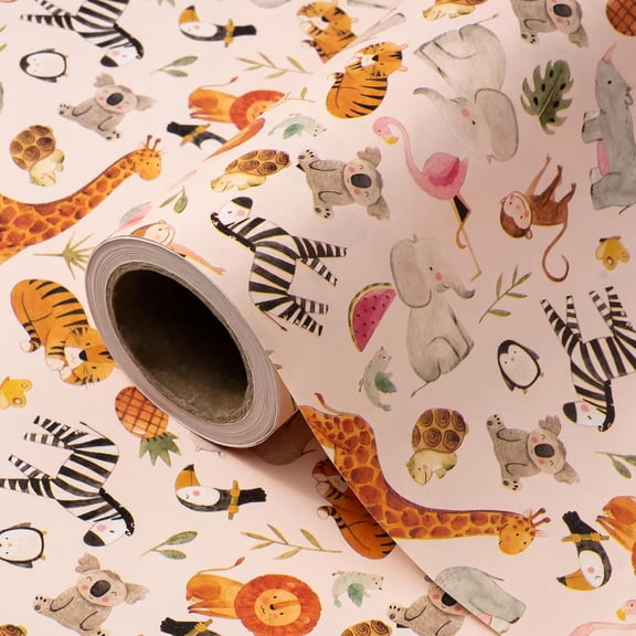 Kraft Safari Animal Wrapping Paper Roll - Mini Roll - 17 Inch x 16.5 Feet - Watercolor Giraffe, Tiger, Elephant Baby Wrapping Paper for Neutral Baby Shower, Kids Birthday, Jungle Party
