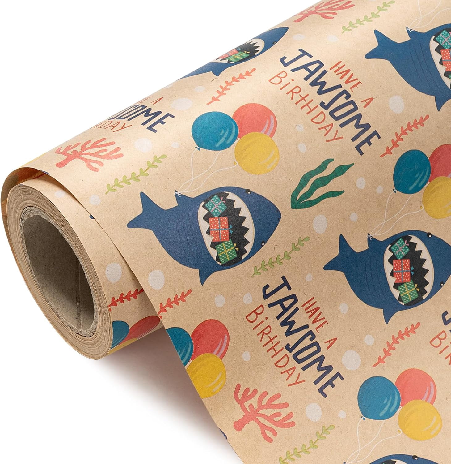 Kraft Shark Birthday Wrapping Paper Roll - Mini Roll - 17 Inch x 16.5 Feet - Adorable Shark Have a Jawsome Birthday Kraft Wrapping Paper for Kids Boys Girls, Baby Shower, Ocean Party
