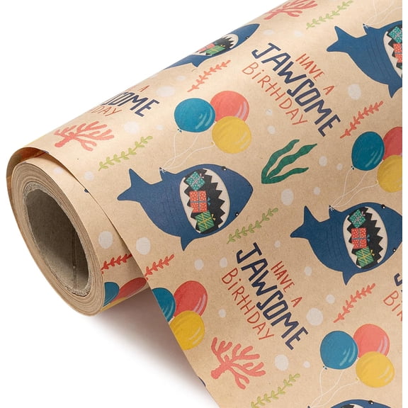 Kraft Shark Birthday Wrapping Paper Roll - Mini Roll - 17 Inch x 16.5 Feet - Adorable Shark Have a Jawsome Birthday Kraft Wrapping Paper for Kids Boys Girls, Baby Shower, Ocean Party