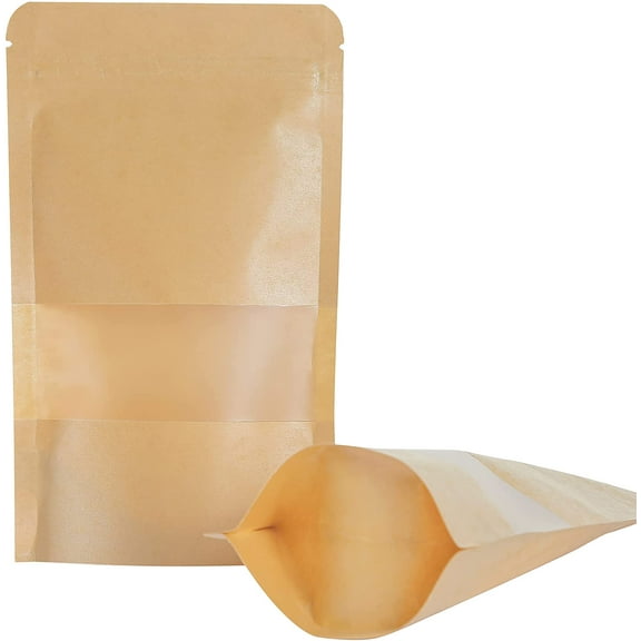 Kraft Stand Up Pouches bags 100 Pcs,Brown Resealable with Window for Home or Business,Coffee Bags,Food Storage Bags,Sealable Bags for Packaging(4.77.9)