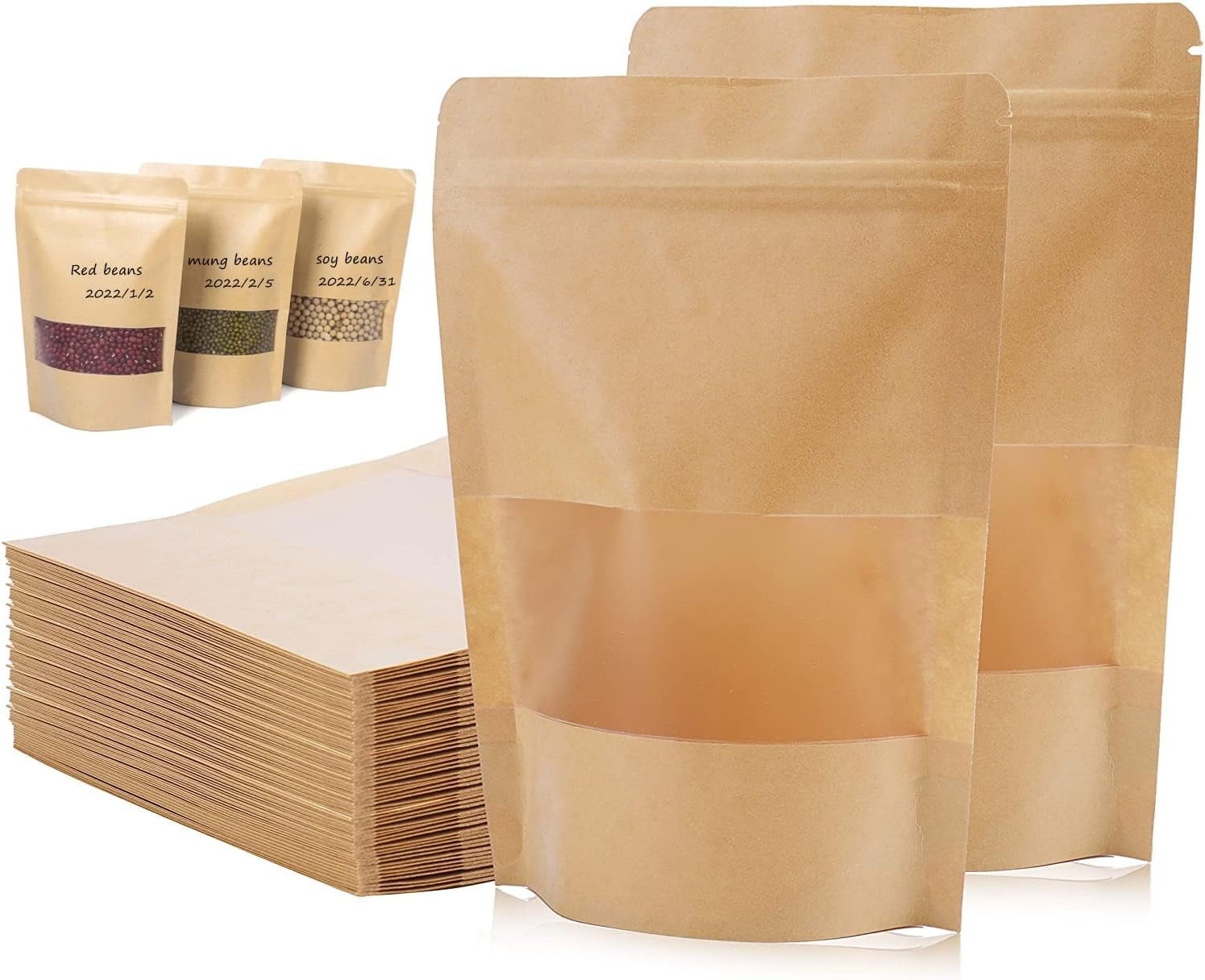 Kraft Stand Up Pouch Food Savers, 100 Pack 7x10 Inch Small Paper Food