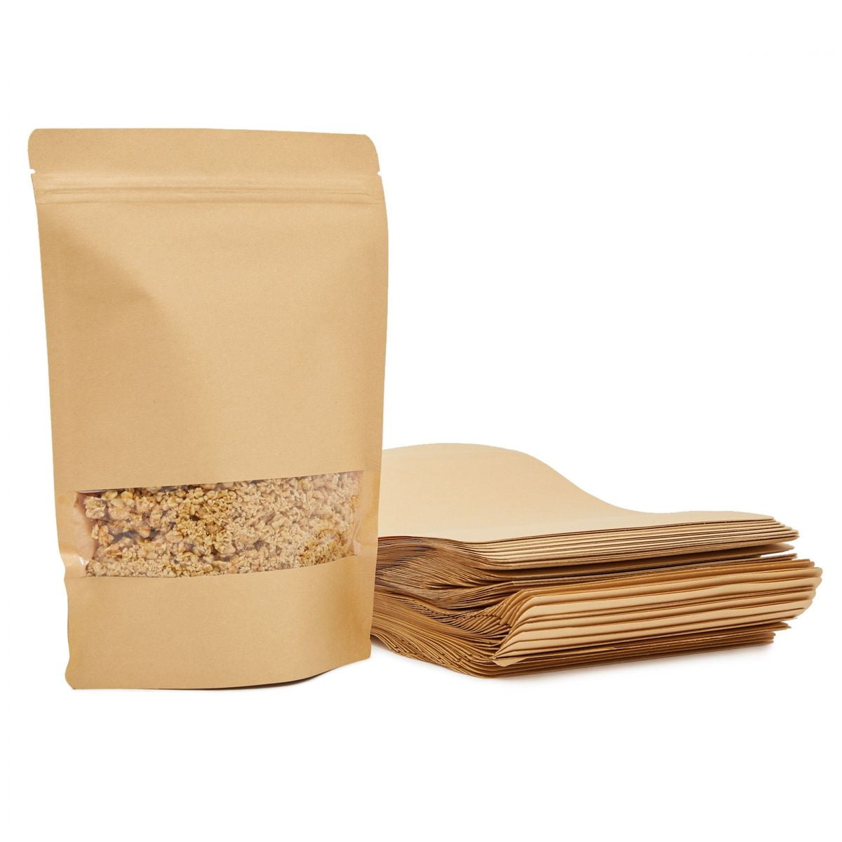BEISHIDA 50 pcs 4.7 x 7.7 Inch Resealable Bags Kraft Paper Bags with Window  Stand Up Pouches Bags Brown Kraft Paper Bags Food Storage Bags Sample Bags