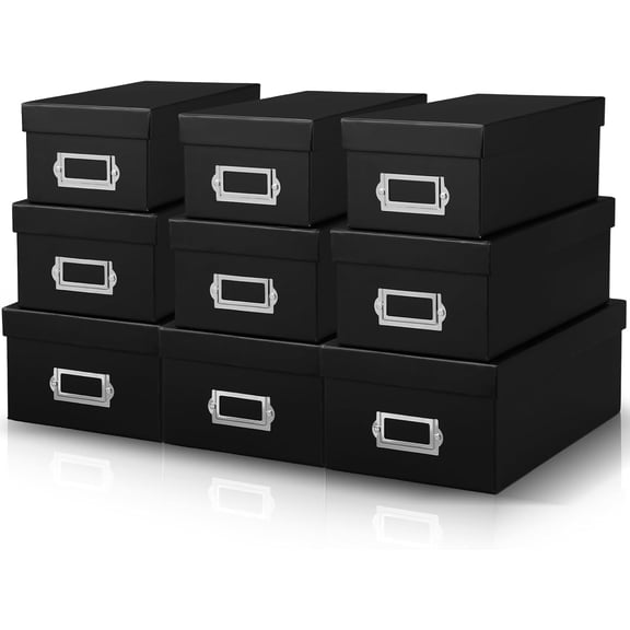 Kraft Storage Boxes Rectangle Stacking Boxes with Lids and Cardboard Organizers with Gold Label Holders for Home Decor and Organizing (Black)