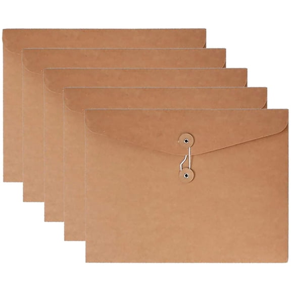Kraft String Envelope File Folder Project Pockets File Jacket Document Organizer Flat-No Expansion A4 Letter Size (Kraft Brown, Pack of 5)