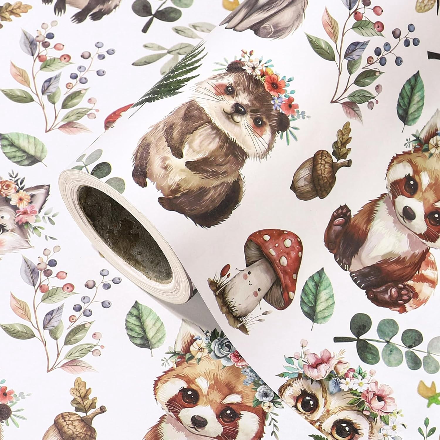 Kraft Woodland Animal Wrapping Paper Roll - Mini Roll - 17 Inch x 16.5 Feet - Greenery Woodland Forest Animals Design Perfect for Baby Shower, Kids Girls Boys Birthday