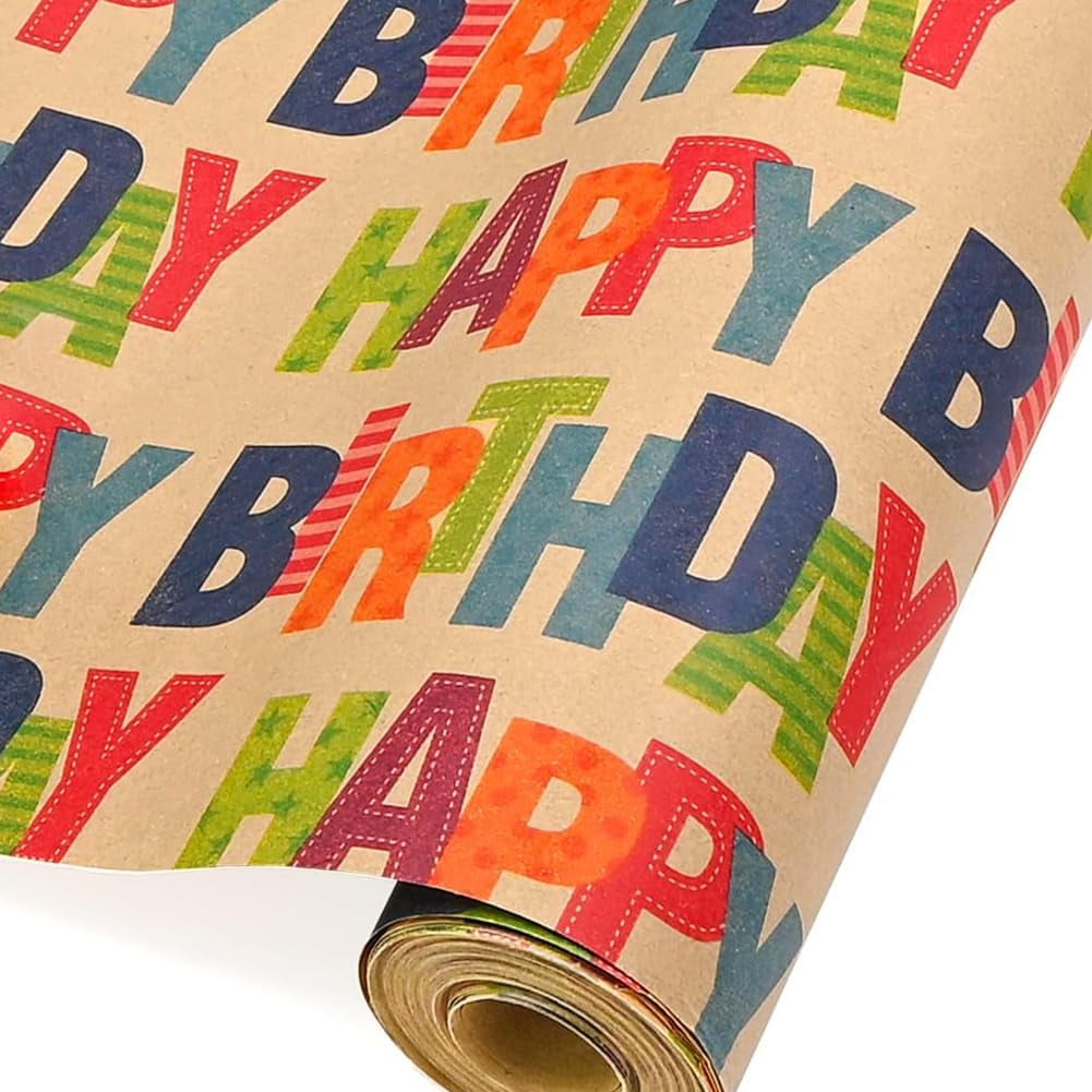 Kraft Wrapping Paper Roll Colorful Text Happy Birthday Design Perfect for Birthday Party Holiday Gift Wrap 17 inch X 50 feet