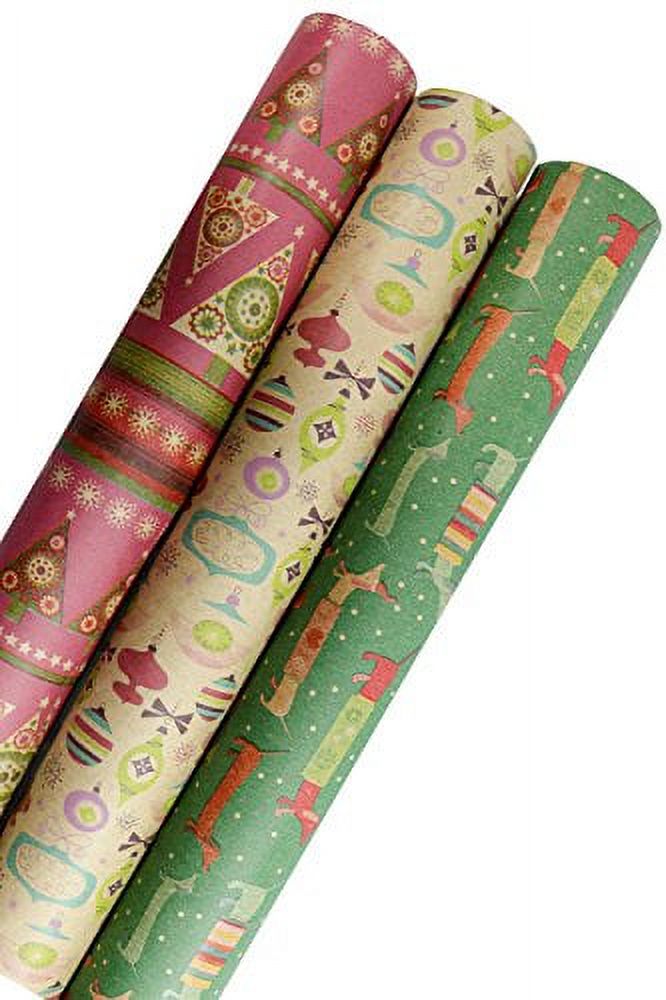 Kraft Wrapping Paper for Christmas (Dog Santas-Space Ornaments-Pink Trees on Brown Kraft)