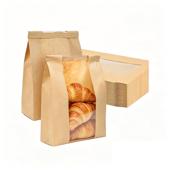 Kraft paper bread bag with Clear Window Tin tie, Grease proofResealableStand upBakery bag, Food grade Disposable Packaging for Toast, Sourdough bread, Bagel, Home baking Bakery shop supplies