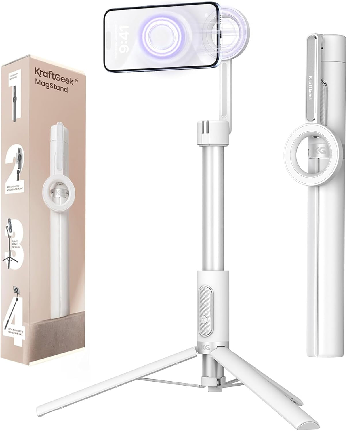 KraftGeek Magnetic Phone Tripod for iPhone Magsafe, 64” Selfie Stick Tripod  with Remote for Vlogging, Travel Cell Phone Stand for iPhone 17 Pro Max & Pixel 10, White