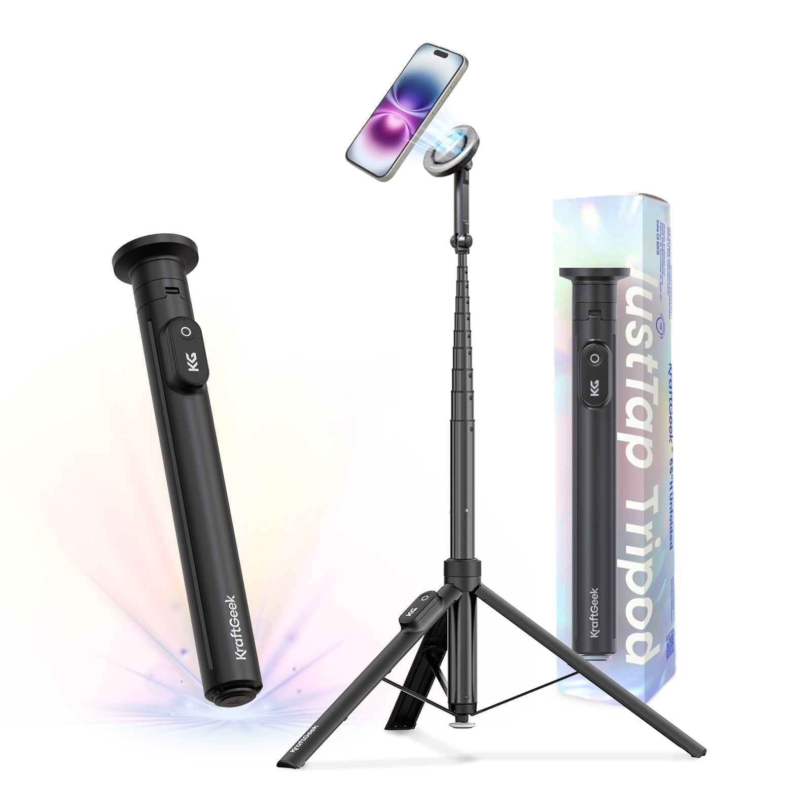 KraftGeek 66'' Magnetic Phone Tripod for iPhone MagSafe, Automatic Selfie Stick with Remote, Portable JustTap Tripod Stand for Video Recording, Travel, Vlogging (Black)
