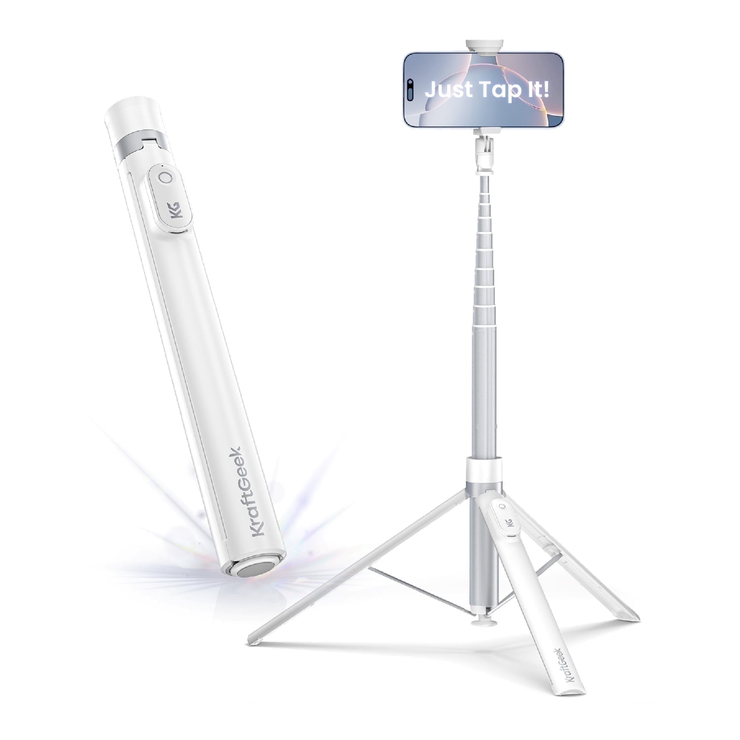 KraftGeek Tripod for iPhone, 66” JustTap Phone Tripod, Selfie Stick Cell Phone Stand for Recording Travel, Content Creator Essentials, White