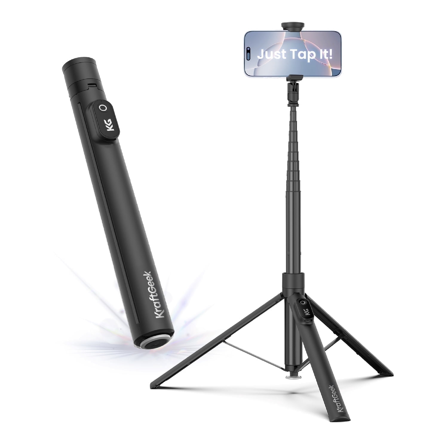 KraftGeek Automatic Tripod for iPhone, 66" Phone Tripod Selfie Stick for Cell Phone, Tripod Stand with Remote for Video Recording, Black
