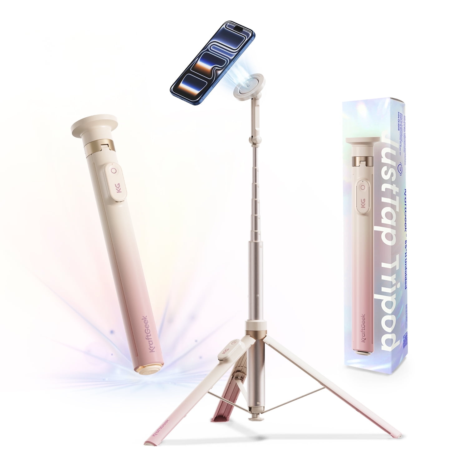 KraftGeek Magnetic Phone Tripod for iPhone MagSafe – 66'' Auto-Open Selfie Stick with Remote, Cell Phone Tripod Stand for Video Recording, Vlogging & TikTok (Ombré Peach)