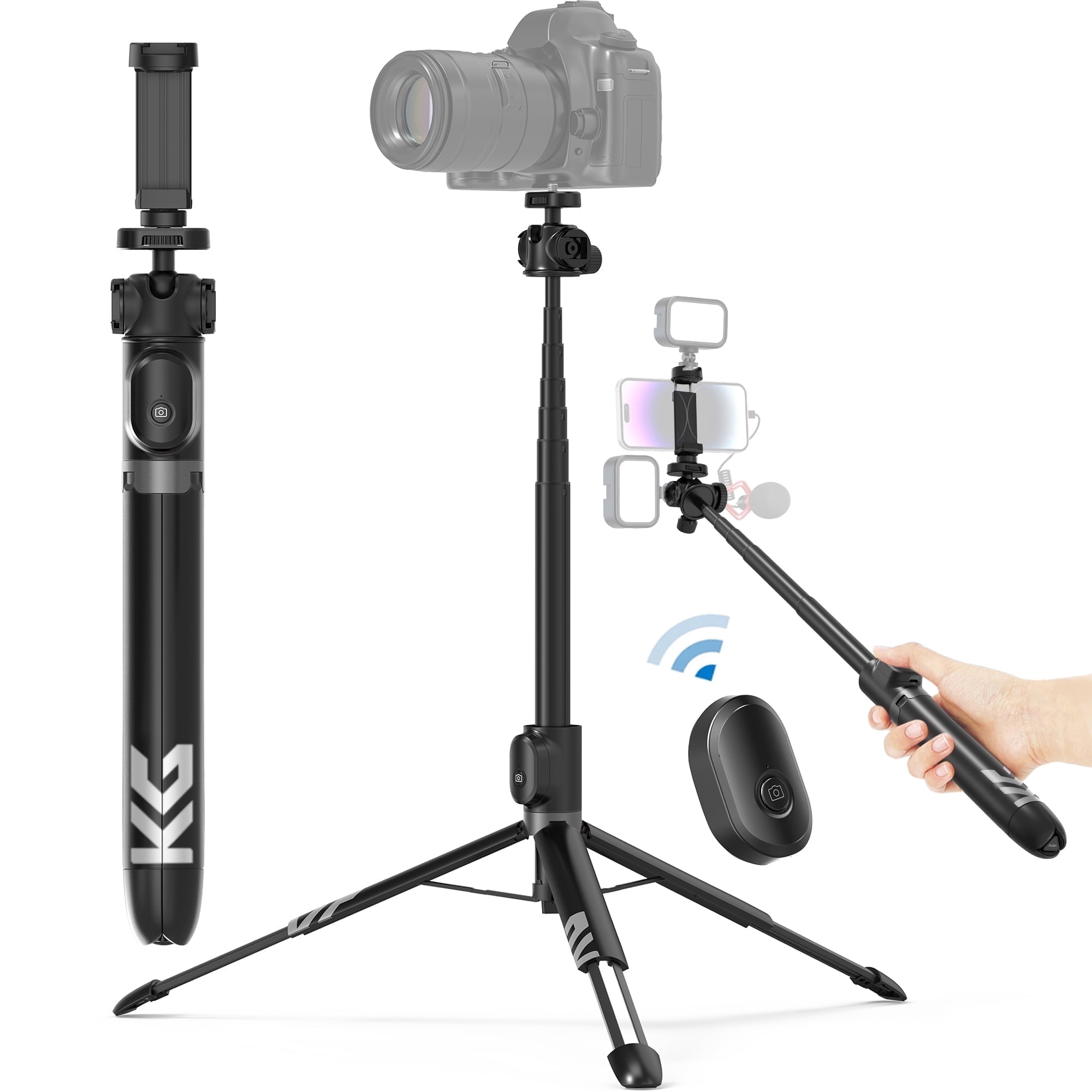 KraftGeek Vlogging Tripod for Phone & Camera & Pocket 3, 60‘’ Tripod Selfie Stick with Remote, 3 Cold Shoe Mounts for Light & Microphone (Not Included) - Black