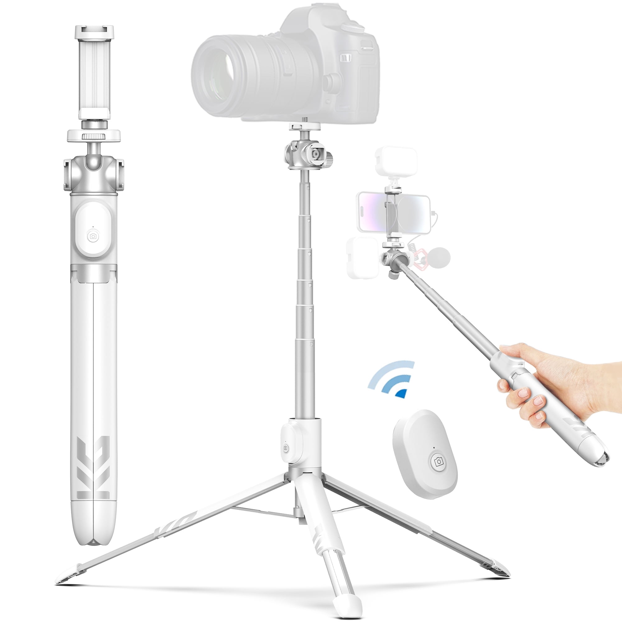 KraftGeek Vlogging Tripod for Phone & Camera, 60‘’ Tripod Selfie Stick with Remote, 3 Cold Shoe Mounts for Light & Microphone (Not Included) - White