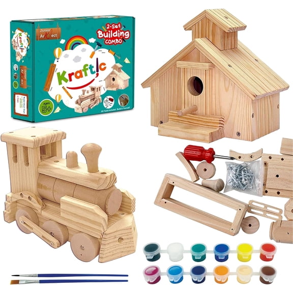 Kraftic Woodworking Building Kit for Kids and Adults, 2 Educational DIY Carpentry Construction Wood Model Kit Toy Projects for Boys and Girls - Build a Wooden Town Hall Birdhouse and Train