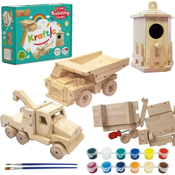 Kraftic Woodworking Building Kit for Kids and Adults, with 3 Educational DIY Carpentry Construction Wood Model Kit Toy Projects for Boys and Girls - Tow Truck, Birdhouse and Dump Truck