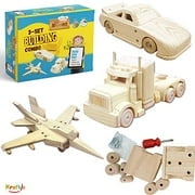 Kraftic Woodworking Building Kit for Kids and Adults, with 3 Educational DIY Carpentry Construction Wood Model Kit Toy Projects for Boys and Girls - Military Jet, Nascar and Tractor Trailer