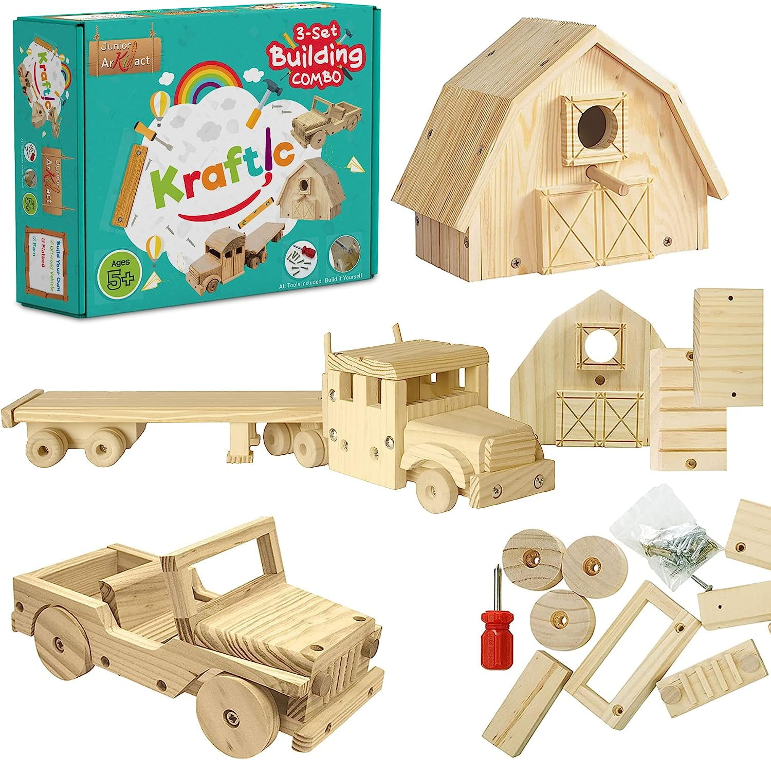 Kraftic Woodworking Building Kit for Kids and Adults, Set of 3 Educational DIY Carpentry Construction Wood Model Kit Toy Projects for Boys and Girls - Off-Road Vehicle, Flatbed Truck, Barn Birdhouse