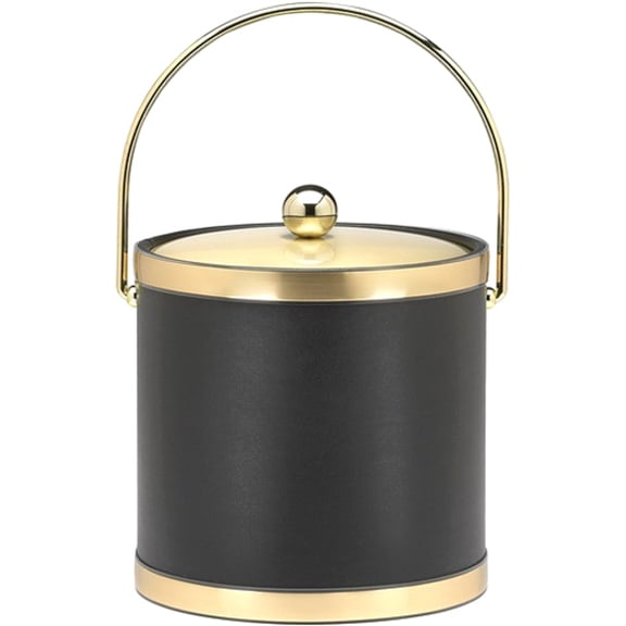 Kraftware 50168 Sophisticates Black with Brushed Brass 3 Quart Ice Bucket with Metal Cover Bands and Bale Handle