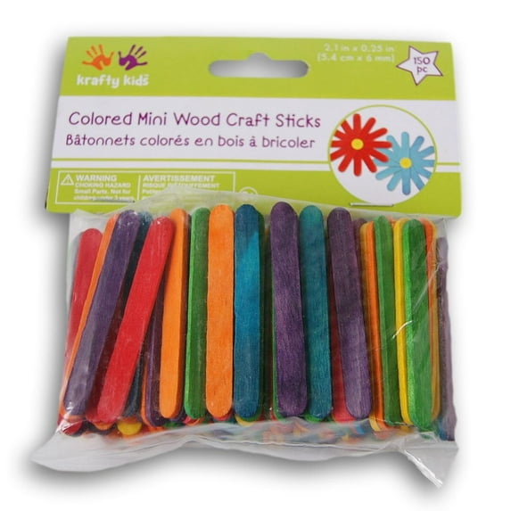 Krafty Kids Colored Craft Sticks - Mini, 1/4" W x 2-1/8" L, Assorted Colors, Package of 150