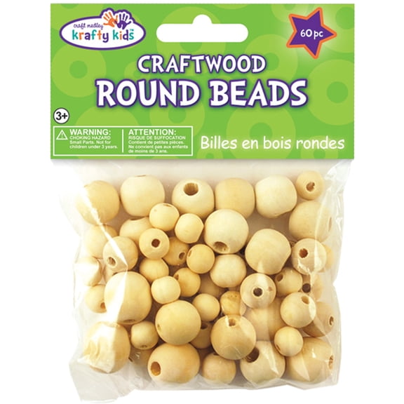 Krafty Kids Wood Beads - Round, Unfinished, Package of 60