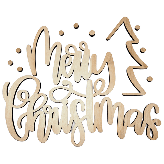 Krafty Supply 1/4" Birch Wood Merry Christmas with Tree and Snow Wood Words Cutout | Merry Christmas wood | Christmas wreath | Christmas Door hanger | Wood Shapes | 16"