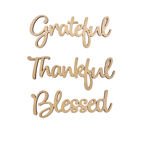 Krafty Supply Connected Word Grateful| Thankful| Blessed| 1/8" MDF| Wood Crafts| Home/Fall Decor 3"