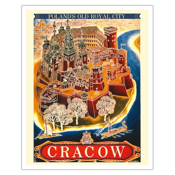 Kraków (Cracow) - Poland's Old Royal City - Vintage Railroad Travel Poster by Witold Chomicz c.1935 - Fine Art Matte Paper Print (Unframed) 16x20in
