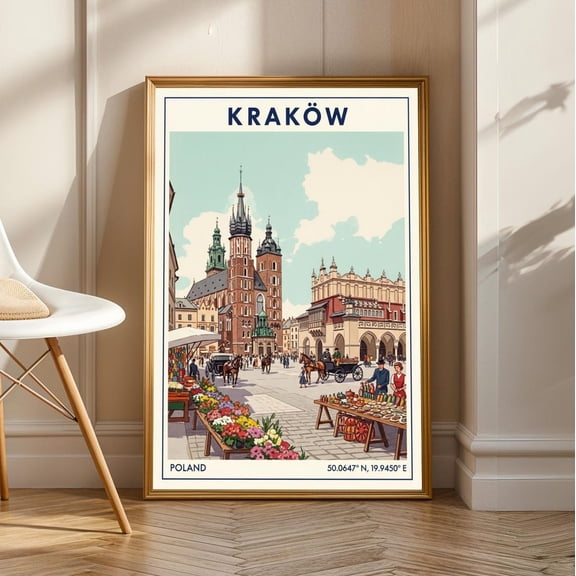 Kraków Market Square Vintage Poster: Gouache European Cityscape Art, Unframed Poster Size 8x12