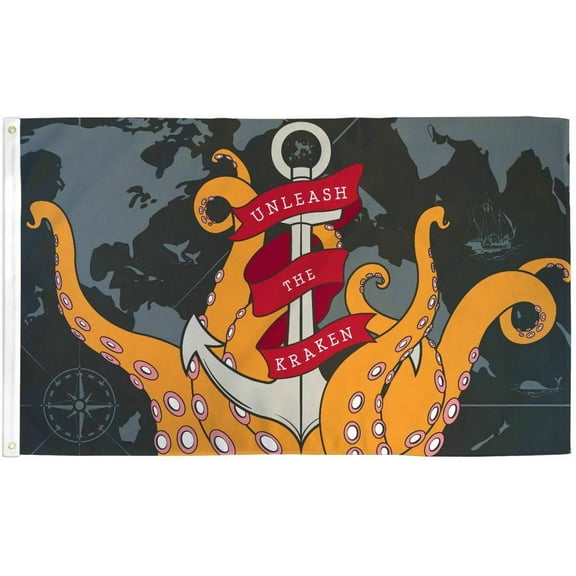 Kraken 3x5' Pirate Flag UNLEASH the KRAKEN Huge Octopus Pirate Flag 100D FABRIC