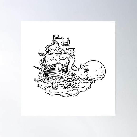 Kraken Attacking Sailing Ship Doodle Art Poster Wall Art, Modern Wall Decor For Living Room Bedroom, 17x17 UNFRAMED