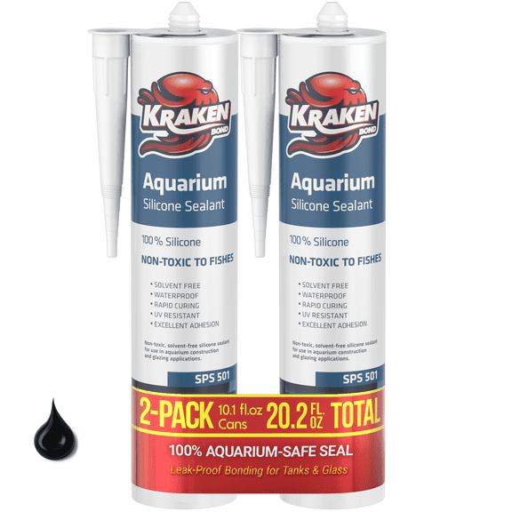 Kraken Bond Aquarium Silicone Sealant, Waterproof, Non-Toxic Fish Tank Safe Silicone, Black, 10.1 fl oz Cartridge, 2 Pack