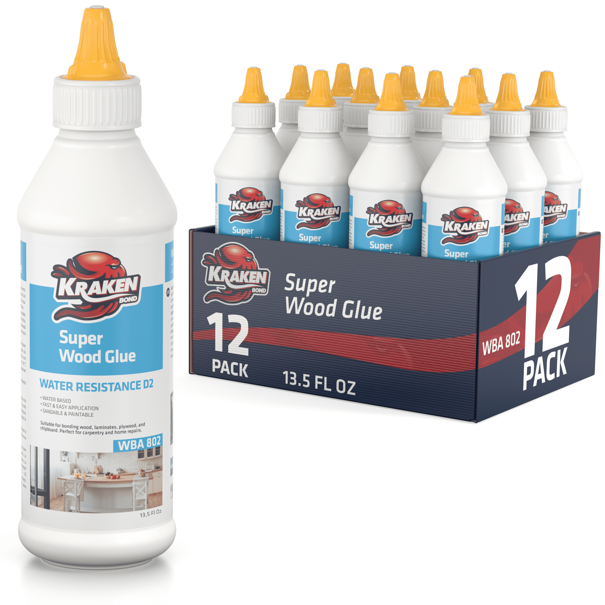Kraken Bond D2 White PVA Super Wood Glue, Water-Based, 13.5 fl oz - 12 Pack