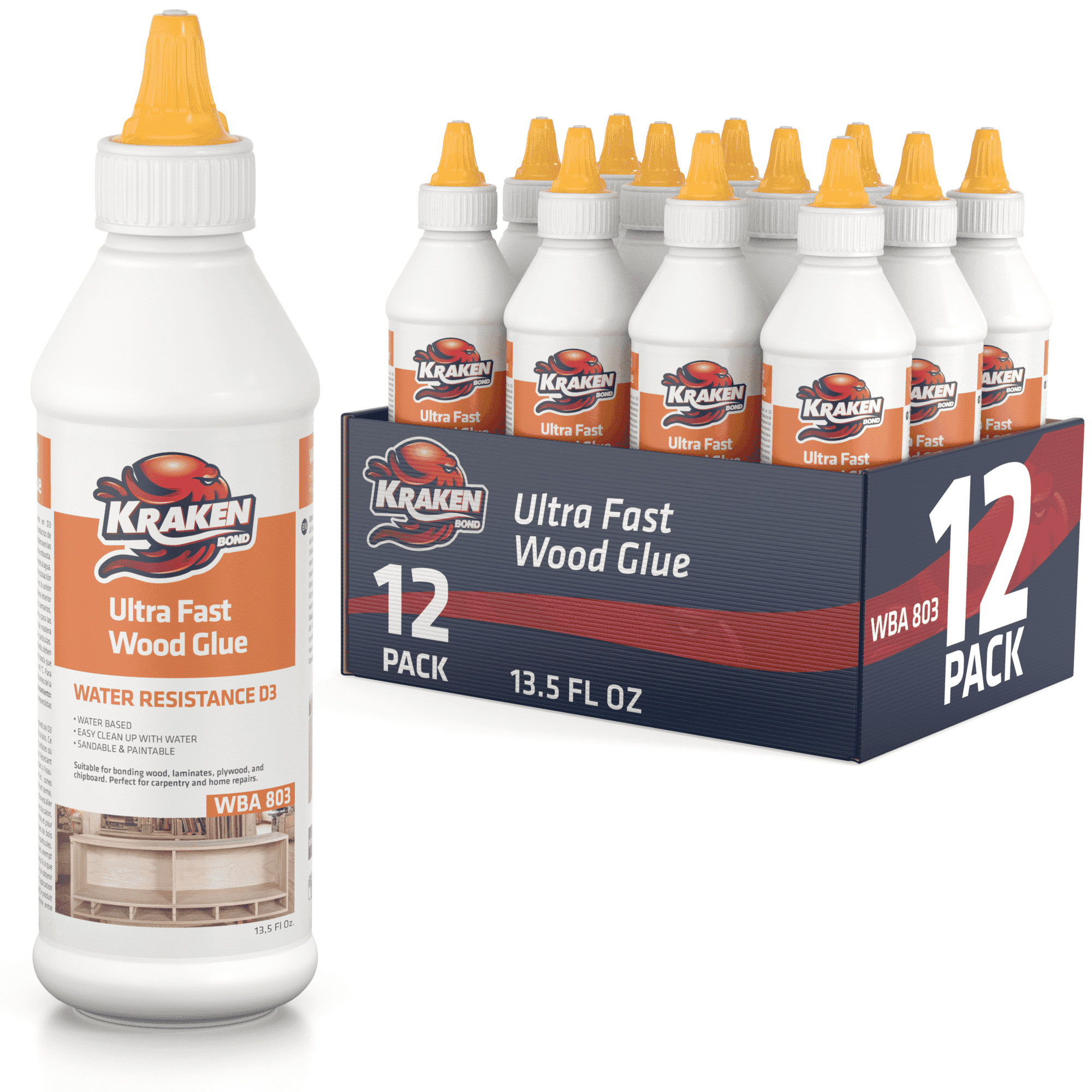 Kraken Bond D3 White PVA Wood Glue, Fast Setting, 13.5 fl oz - 12 Pack
