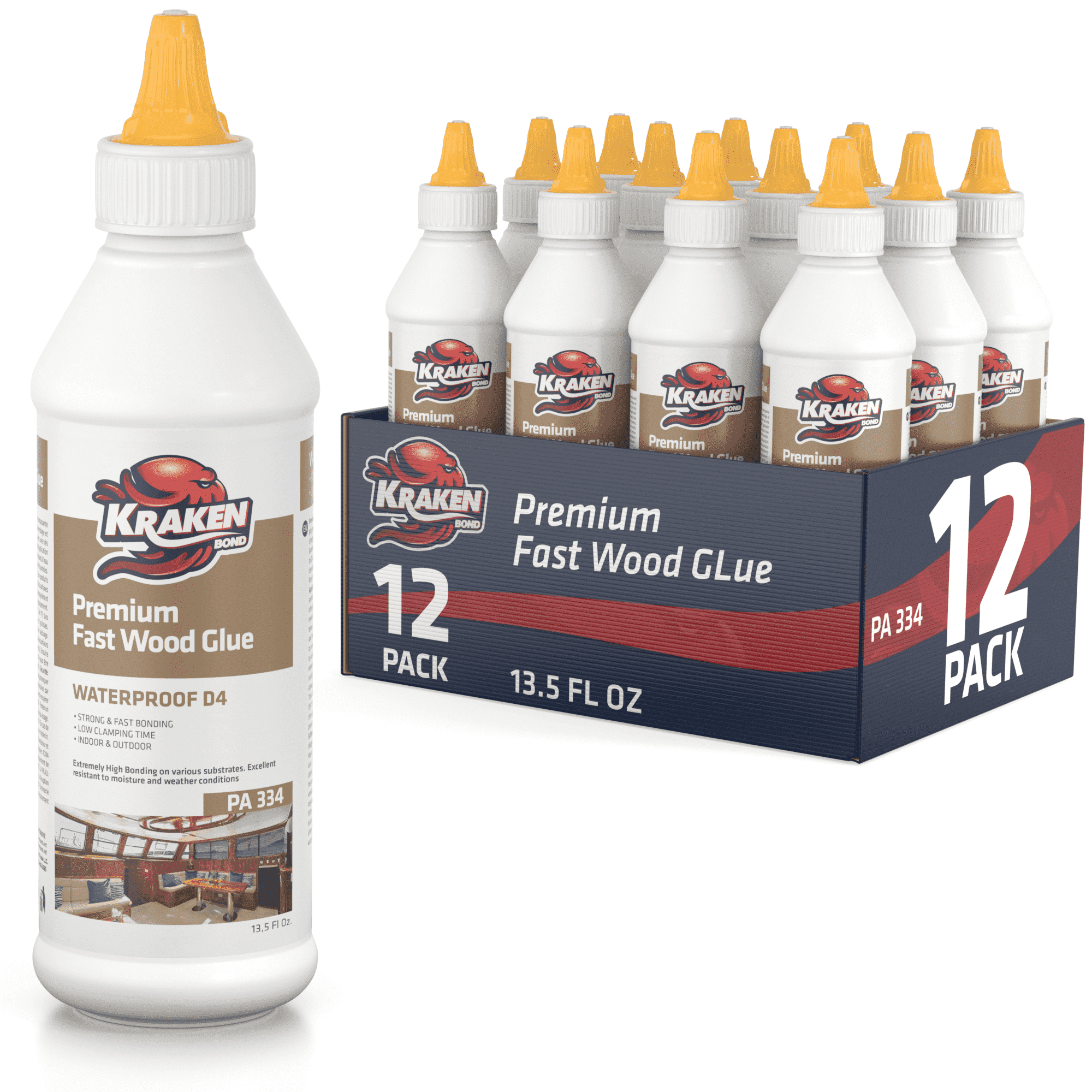Kraken Bond D4 Premium Fast Wood Glue, Waterproof Polyurethane, 13.5 fl oz - 12 Pack