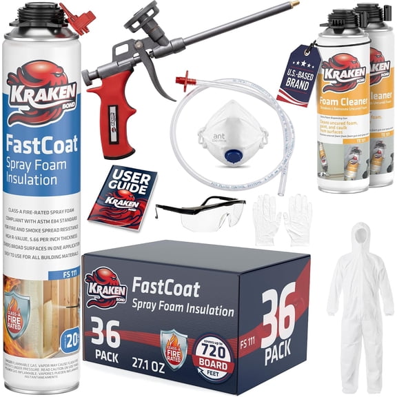 Kraken Bond FastCoat Spray Foam Insulation Kit, Closed Cell Spray Foam, R-11.32 at 2 in, 27.1 oz Each, 36 Pack Set