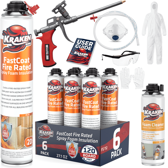 Kraken Bond Fastcoat Spray Foam Insulation Kit, Class A Fire Rated, 120 Board Feet, Closed Cell - 6 Pack Set