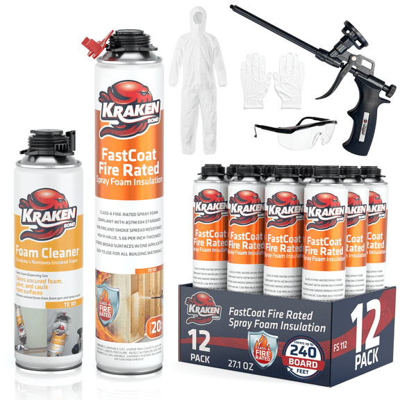 Kraken Bond Fastcoat Spray Foam Insulation Kit, Class A Fire Rated, 240 Board Feet, Closed Cell - 12 Pack Set