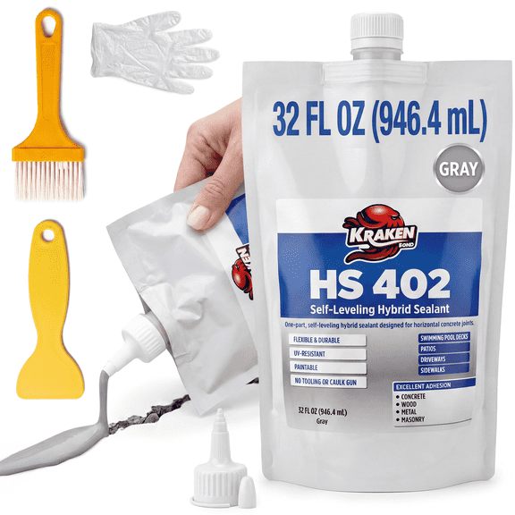 Kraken Bond HS 402 Concrete Crack Filler, Self-Leveling Joint Repair for Driveway, Patio, Sidewalk and Pool Deck, 32 fl oz, Gray, 1 Pack