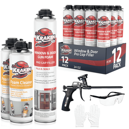 Kraken Bond Pro Window & Door Low Expansion Foam Set with Gun and Cleaner, 24 oz - 12 Pack