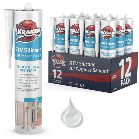 Kraken Bond RTV Silicone Caulk - All Purpose Silicone Sealant, Water Resistant, Clear, 12 Pack, 10.1 Oz.