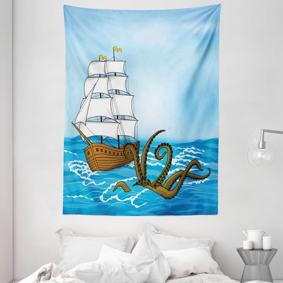 Kraken Decor Tapestry, Old Sailing Ship in Waves and Kraken Adventure Journey Travel Graphic Image, Wall Hanging for Bedroom Living Room Dorm Decor, 60W X 80L Inches, Blue Brown, by Ambesonne