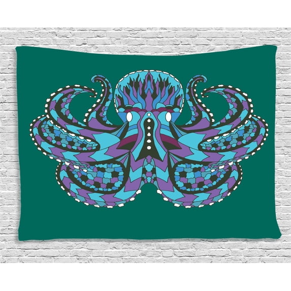 Kraken Decor Tapestry, Zentangle Stylized Ethnic Legendary Animal Totem Vintage Hippie Image , Wall Hanging for Bedroom Living Room Dorm Decor, 80W X 60L Inches, Petrol Blue Mauve, by Ambesonne