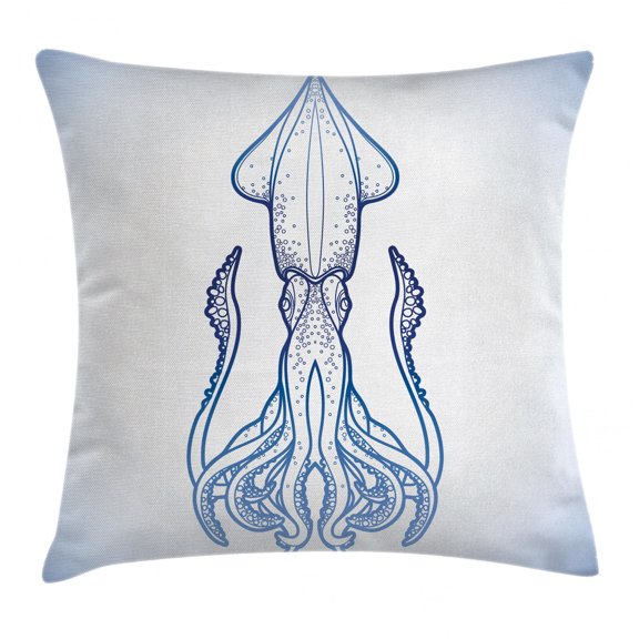 Kraken Decor Throw Pillow Cushion Cover, Squid Figure in Classic Line Art Style Graphic Nautical Marine Creature Image, Decorative Square Accent Pillow Case, 18 X 18 Inches, Blue, by Ambesonne