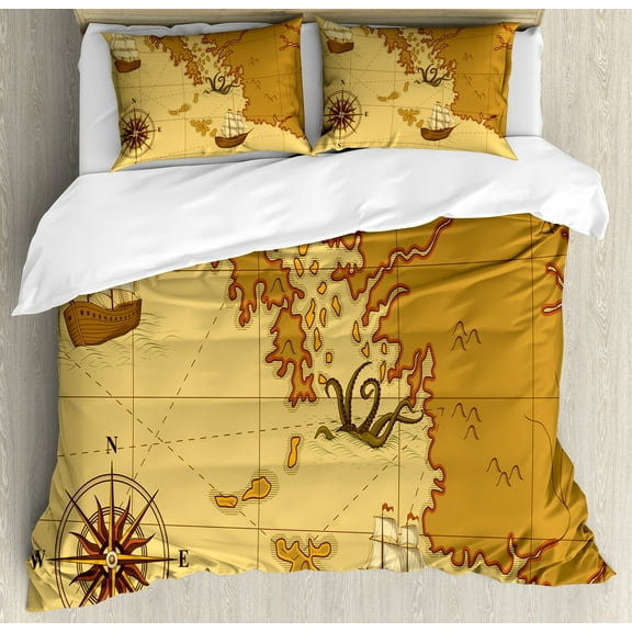Kraken Duvet Cover Set, Old Map with Compass and Ship Continent and Kraken Design Print, Decorative 3 Piece Bedding Set with 2 Pillow Shams, Queen Size, Pale Brown Yellow, by Ambesonne