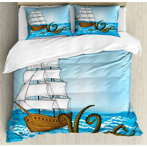 Kraken Duvet Cover Set, Old Sailing Ship in Waves and Kraken Adventure Journey Travel Graphic Image Print, Decorative 3 Piece Bedding Set with 2 Pillow Shams, Queen Size, Blue Brown, by Ambesonne