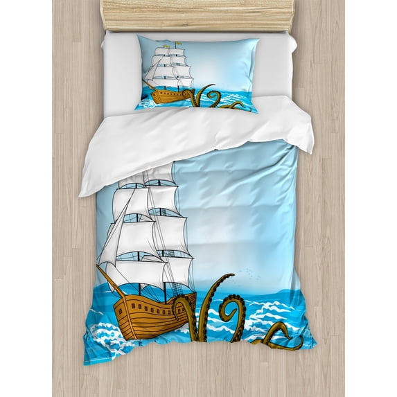 Kraken Duvet Cover Set, Old Sailing Ship in Waves and Kraken Adventure Journey Travel Graphic Image Print, Decorative 2 Piece Bedding Set with 1 Pillow Shams, Twin Size, Blue Brown, by Ambesonne
