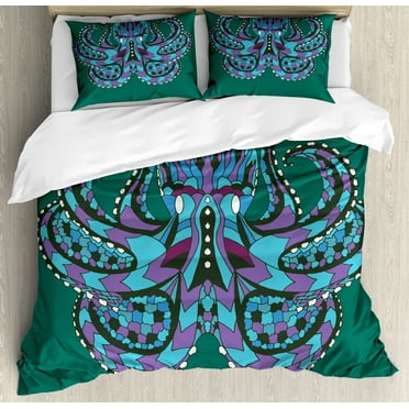 Kraken Duvet Cover Set, Zentangle Animal Totem Vintage Hippie Image Art, Decorative 3 Piece Bedding Set with 2 Pillow Shams, Queen Size, Petrol Blue Mauve, by Ambesonne